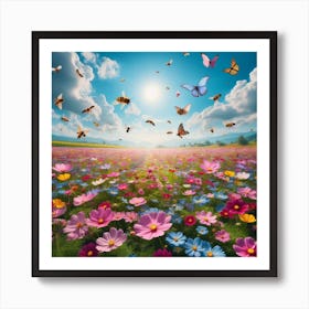 Colorful Flower Field With Butterflies Art Print