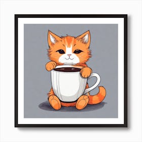 Cute Orange Kitten Loves Coffee Square Composition 4 Art Print