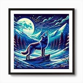 Wolf howling at night in the cold wild nature Art Print