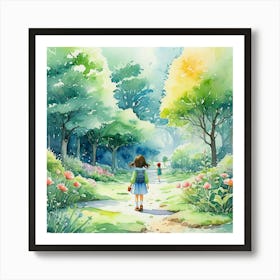 Watercolor Of A Girl Walking In The Park Art Print