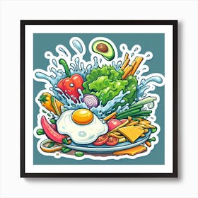 A Plate Of Food And Vegetables Sticker Top Splashing Water View Food 6 Art Print