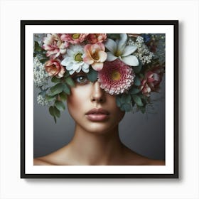 Flower Bouquet On A Woman'S Head Art Print
