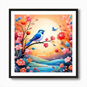 A Bright Toned Design With Flowers And Leaves Trees And Birds A Beautiful And Simple Picture Bird And Flowers Art Print