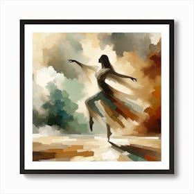 "Abstract Reverie: The Dance of Light and Shadow"  'Abstract Reverie: The Dance of Light and Shadow' is a striking depiction of a dancer lost in the moment, her form blending seamlessly with the abstract landscape around her. The painting's bold use of contrasting colors and shapes creates a sense of depth and movement, inviting the viewer into a dance that is as much about emotion as it is about form. This artwork is a statement piece that celebrates the freedom of expression and the beauty of blending traditional dance with modern abstract art.  This piece is not just an artwork; it's a conversation starter, a thought-provoking blend of tradition and contemporary style, ideal for those seeking a dynamic and emotionally resonant addition to their art collection. Art Print