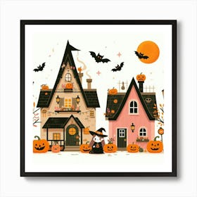 Halloween Houses With Pumpkins And Bats - Cute Vector style Illustration Art Print