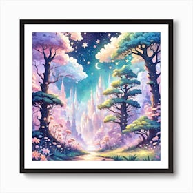 A Fantasy Forest With Twinkling Stars In Pastel Tone Square Composition 56 Art Print