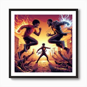 Two Men Fighting In A City Art Print