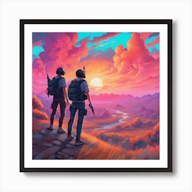 Two Soldiers Looking At The Sunset Art Print