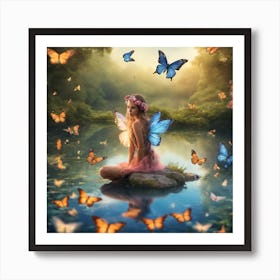 Fairy sitting in a magical lake, with butterflies Art Print