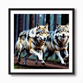 Two Wolves Running In The Forest Art Print