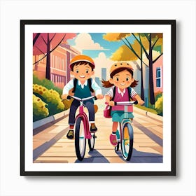 Cartoon Children Riding Bicycles Art Print