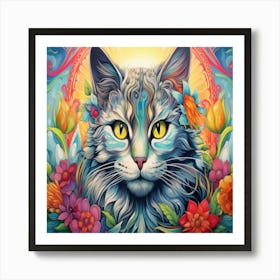 Cat With Flowers Art Print