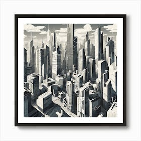 Futuristic City Monochrome Cubism Style Art Print