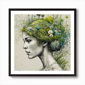 Woman With Flowers On Her Head 1 Art Print