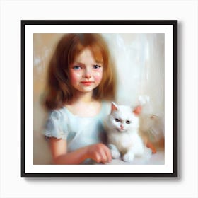 Little Girl With White Cat Art Print