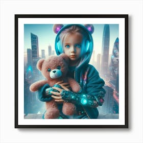 Futuristic Girl Holding Teddy Bear Art Print