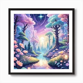 A Fantasy Forest With Twinkling Stars In Pastel Tone Square Composition 315 Art Print