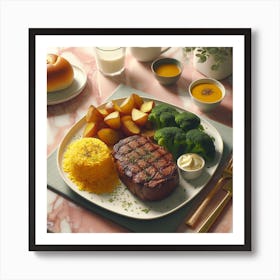 Steak And Vegetables On A Table Art Print