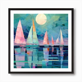 Sailboats At Night Art Print