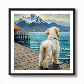 Dog On The Pier With Sea And Mountain Art Print