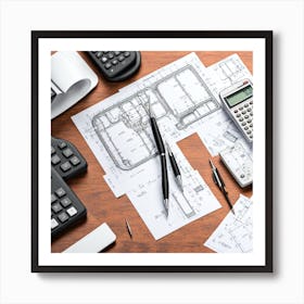 Blueprints On A Desk Art Print