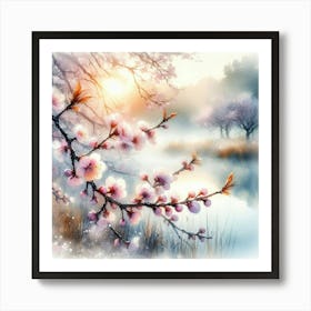 Cherry Blossom Close-Up: Misty Morning Magic Over a Fall Pond - Watercolor by Alison Brady in Soft Pastel Colors with Sunlit SAI Reflections. Art Print