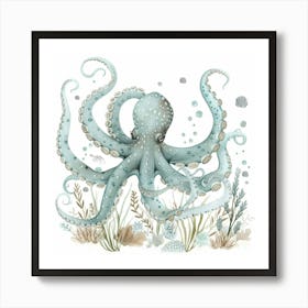 Storybook Style Octopus On The Ocean Floor With Aqua Marine Plants 5 Art Print