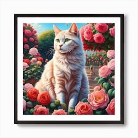 Purrfect Paradise: A Cat in the Rose Garden Art Print