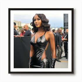 A Sexy Black Woman A Black Latex Dress Attending an Event Daylight Long Black Hair Arms - Created by Midjourney Art Print