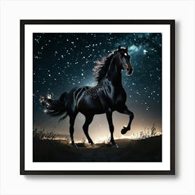 Black Horse In Starry Night Art Print