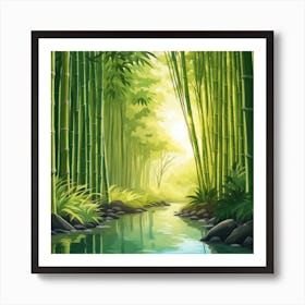 A Stream In A Bamboo Forest At Sun Rise Square Composition 131 Art Print