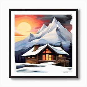 Abstract painting snow mountain and wooden hut 2 Art Print