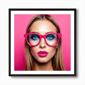 Firefly Blue Eyes, Fashion, Pink Glasses, Pink Lips, Pink Background, Glass Lens, Stylish, Vibrant, (8) Art Print