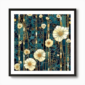 Flowers In Blue And Gold Art Print