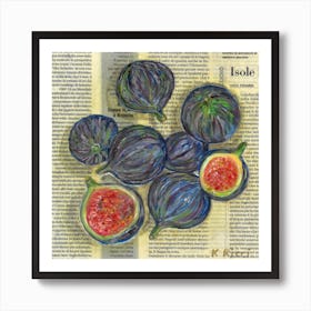 Figs Summer Fruit On Newspaper Rustic Bright Purple Blue Food Kitchen Minimalist Art Print