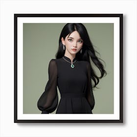 Asian Woman In Black Dress Art Print