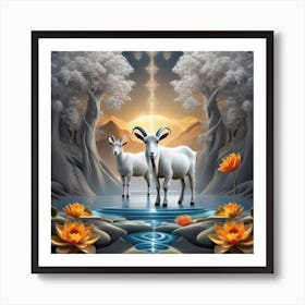 Goats In The Water Art Print