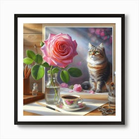 Cat And Rose Art Print