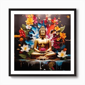 Buddha surrounded with exotic flowers Art Print