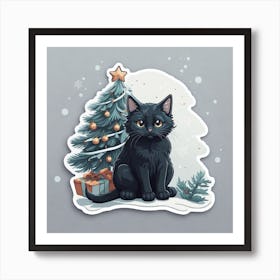 Black Cat With Christmas Tree 1 Art Print