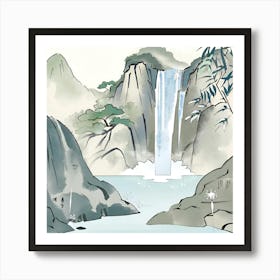 Waterfall In The Mountains ink style 1 Art Print