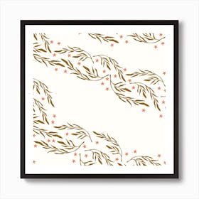 Golden Florals Pattern On White With Coral Flowers Square Art Print