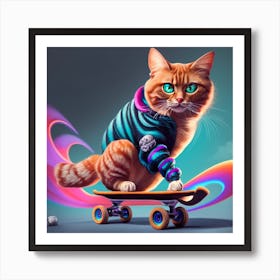 Skateboarding Cat Art Print