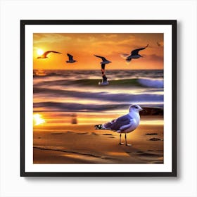 Seagulls On The Beach 3 Art Print