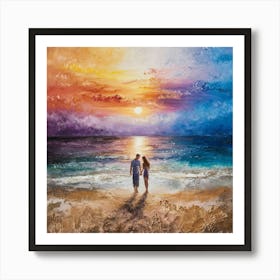 Couple Walking On Beach At Sunset Art Print