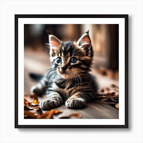 Kitten In Autumn Leaves Art Print