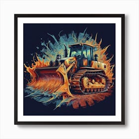 Yellow bulldozer surrounded by fiery flames 12 Art Print