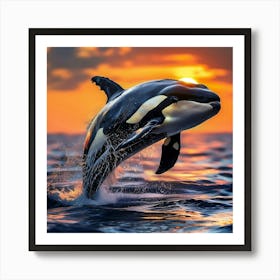 Killer Whale Leaping Out Of Water Vibrant Beautiful mammal Amazing Sunset Art Print