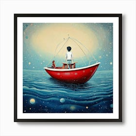 Firefly Boat, Hand Drawn, Brush, Visual Reference, Sea, Artificial Intelligence, Waves, Dream Curtai (1) Art Print