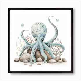 Sleepy Storybook Style Octopus On The Rocks 3 Art Print